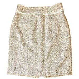 Ann Taylor Frayed Waist Wool Blend Tweed Skirt Size 4 Beige Cream Gold Metallic
